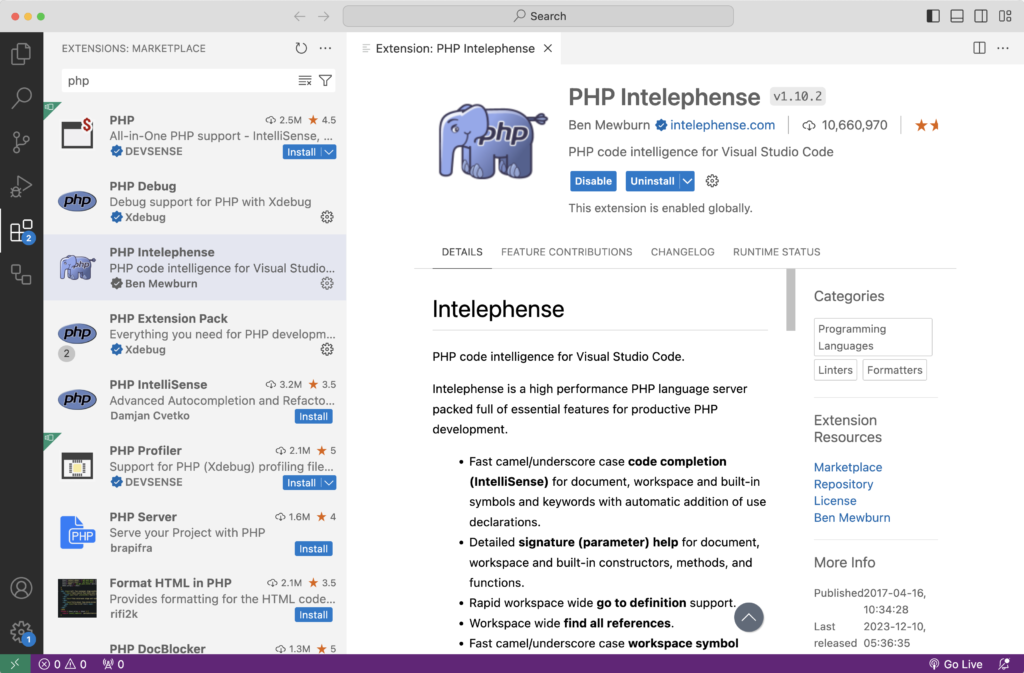 Install PHP IntelliSense Extension