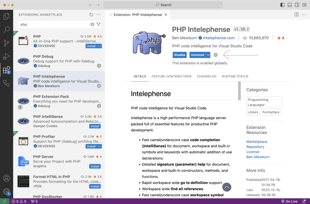 Install PHP IntelliSense Extension- setttings