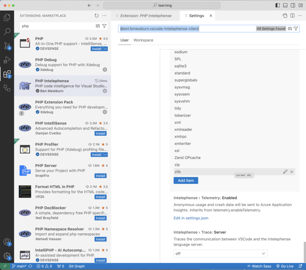 Install PHP IntelliSense Extension- setttings,json
